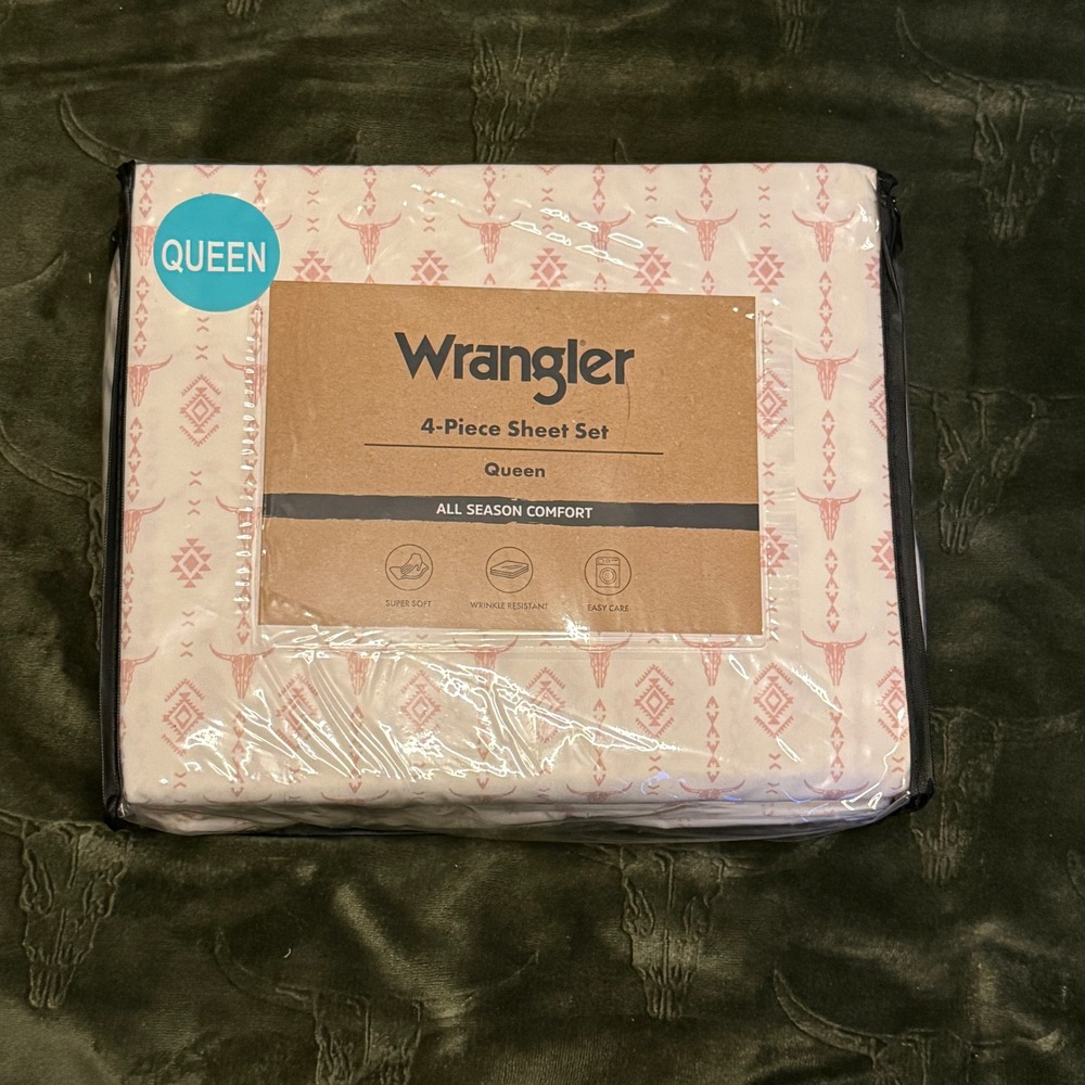 Wrangler 4-Piece Sheet Set Queen Pink NWT Steer Head Stripe Western Bedding